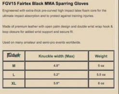 MUAY THAI MMA GLOVES FAIRTEX DOUBLE WRIST WRAP CLOSURE FGV15 - BLACK -BOXING GLOVES Shop FGV15 mma gloves sizing
